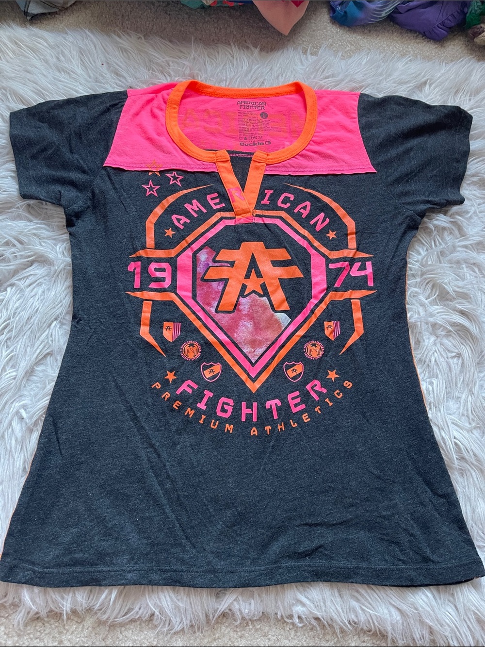 American Fighter Charcoal Tee with Neon Pink & Orange Accents